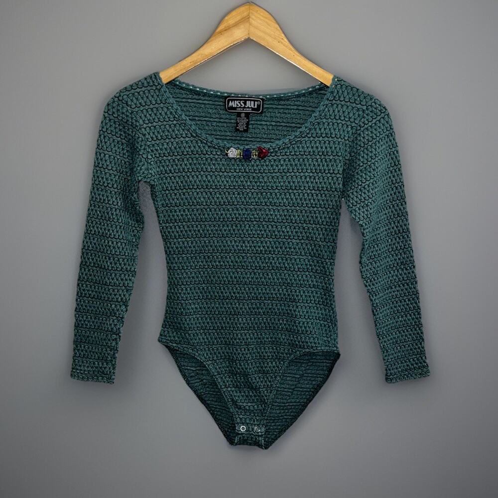 Vtg Miss Juli Bodysuit Top Leotard Green Long Sleeve Textured Stitching -Sz M